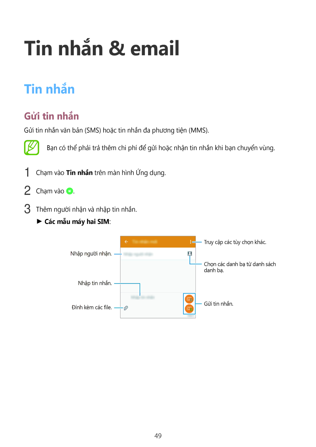 Samsung SM-A300HZDDXXV manual Tin nhắn & email, Gửi tin nhắn, Các mẫu máy hai SIM 