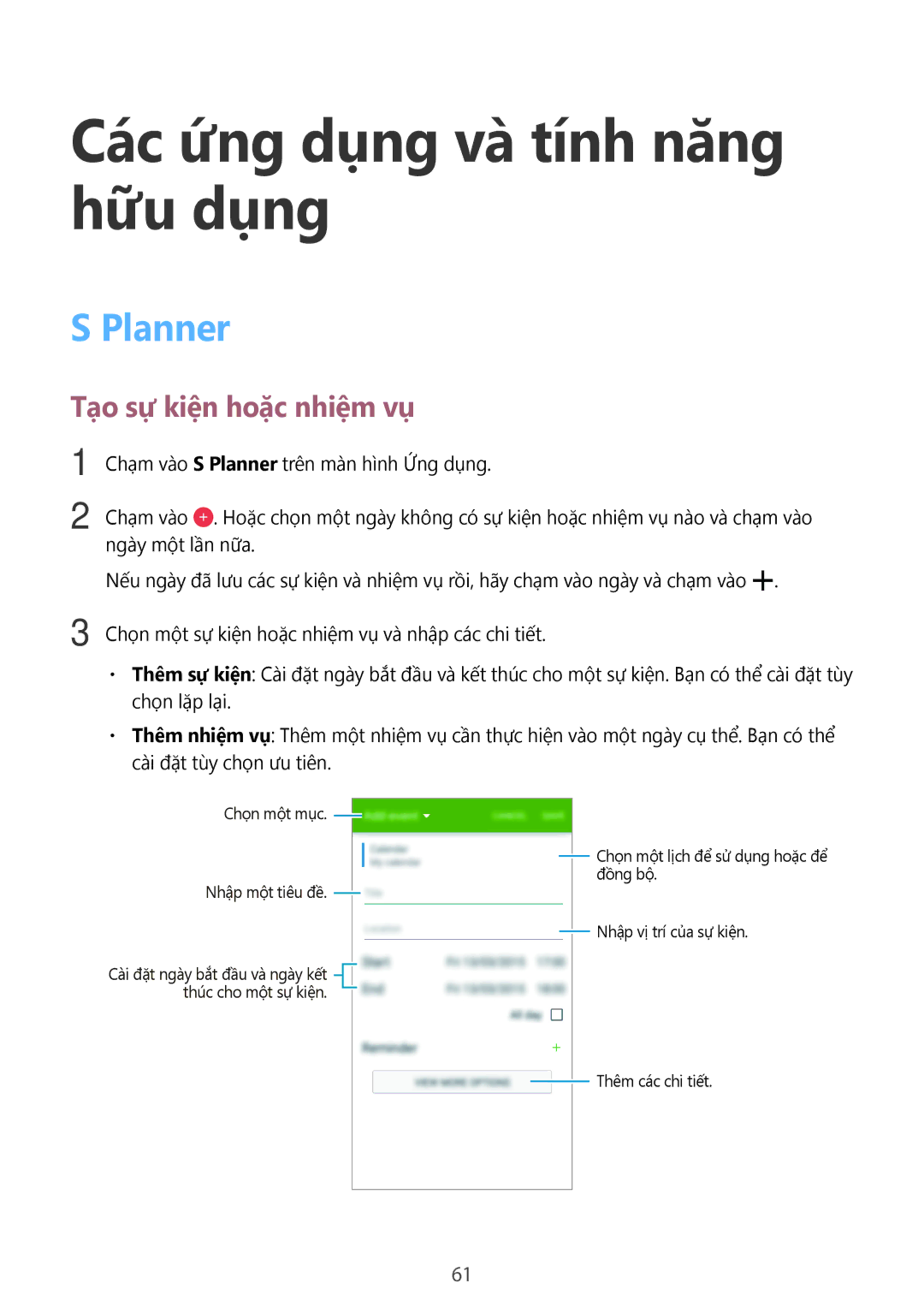 Samsung SM-A300HZDDXXV manual Các ứng dụng và tính năng hữu dụng, Planner, Tạo sự kiện hoặc nhiệm vụ 