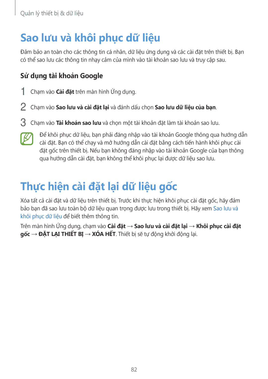 Samsung SM-A300HZDDXXV manual Sao lưu và khôi phục dữ liệu, Thực hiện cài đặt lại dữ liệu gốc, Sử dụng tài khoản Google 