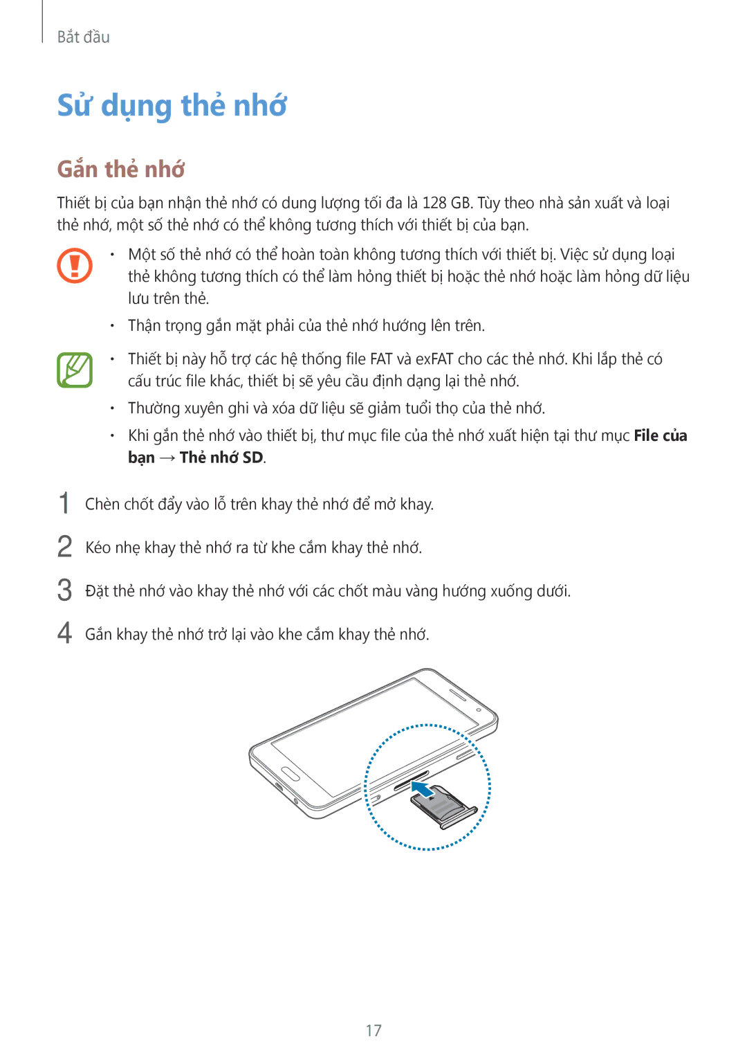 Samsung SM-A300HZDDXXV manual Sử dụng thẻ nhớ, Gắn thẻ nhớ 