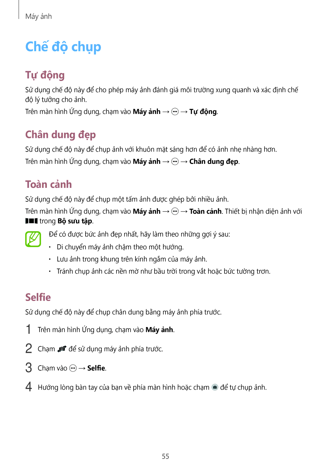 Samsung SM-A300HZDDXXV manual Chế độ chụp, Tư đông, Chân dung đẹp, Toà̀n cảnh, Selfie 