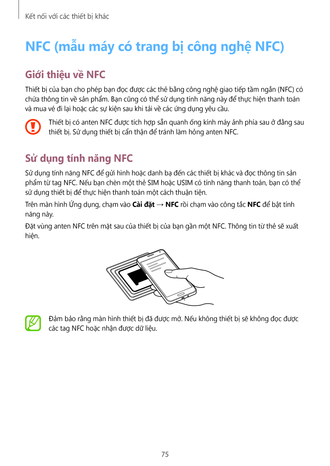 Samsung SM-A300HZDDXXV manual NFC mẫu máy có trang bị công nghệ NFC, Giới thiệu về NFC, Sử dụng tính năng NFC 