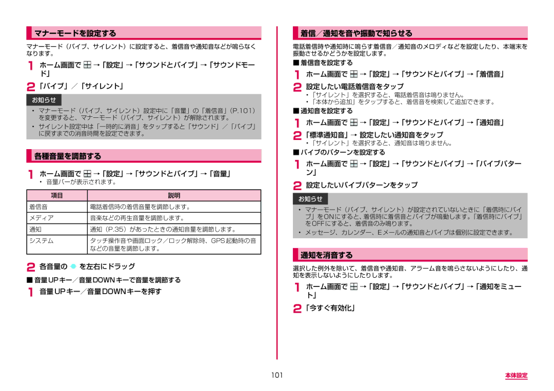 Samsung SM-A310DZWADCM, SM-A310DZKADCM, SM-A310DZGADCM, SM-A310DZIADCM manual マナーモードを設定する, 各種音量を調節する, 着信／通知を音や振動で知らせる, 通知を消音する 