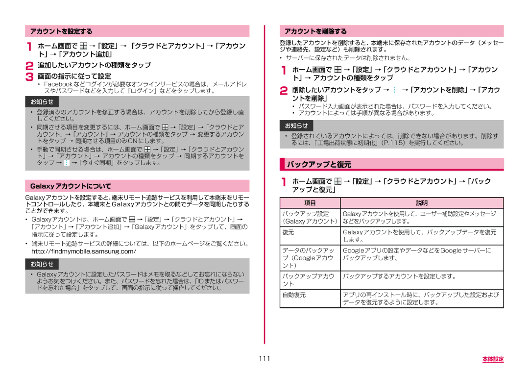 Samsung SM-A310DZGADCM manual バックアップと復元, ホーム画面で →「設定」→「クラウドとアカウント」→「バック アップと復元」, アカウントを設定する, Galaxyアカウントについて, アカウントを削除する 