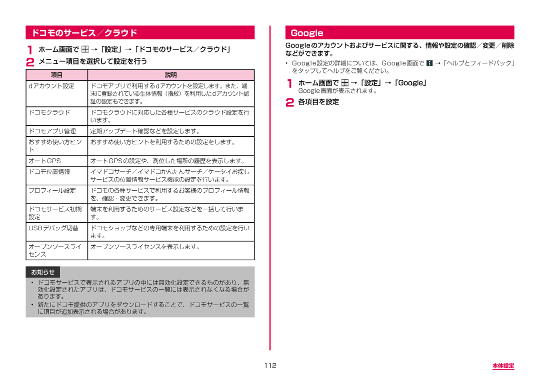 Samsung SM-A310DZIADCM, SM-A310DZKADCM manual ホーム画面で →「設定」→「ドコモのサービス／クラウド」 メニュー項目を選択して設定を行う, ホーム画面で →「設定」→「Google」, 112 