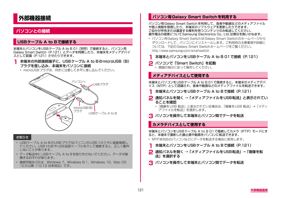 Samsung SM-A310DZWADCM, SM-A310DZKADCM, SM-A310DZGADCM manual パソコンとの接続, USBケーブル a to Bで接続する, メディアデバイスとして使用する, カメラデバイスとして使用する 