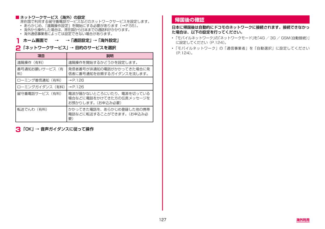 Samsung SM-A310DZGADCM, SM-A310DZKADCM 帰国後の確認, ホーム画面で → →「通話設定」→「海外設定」 2「ネットワークサービス」→ 目的のサービスを選択, 「Ok」→ 音声ガイダンスに従って操作, 127 