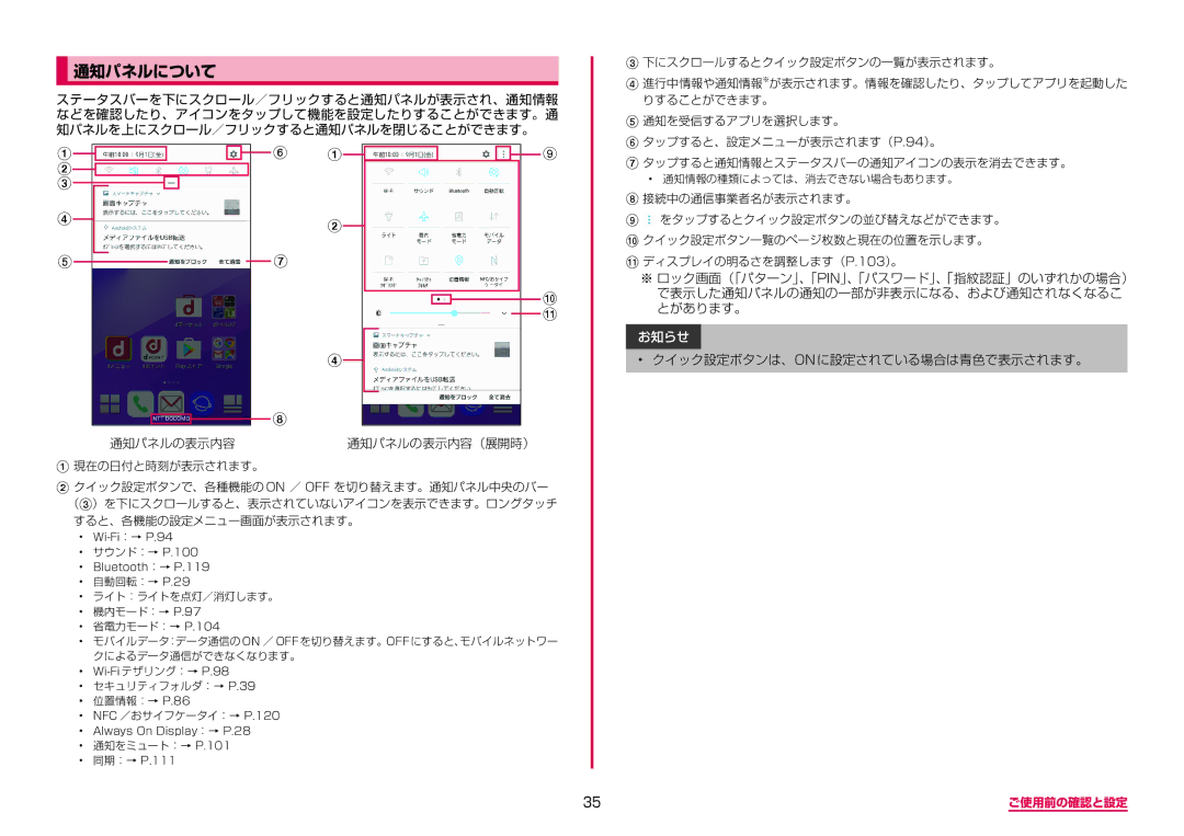 Samsung SM-A310DZGADCM, SM-A310DZKADCM, SM-A310DZIADCM, SM-A310DZWADCM manual 通知パネルについて 