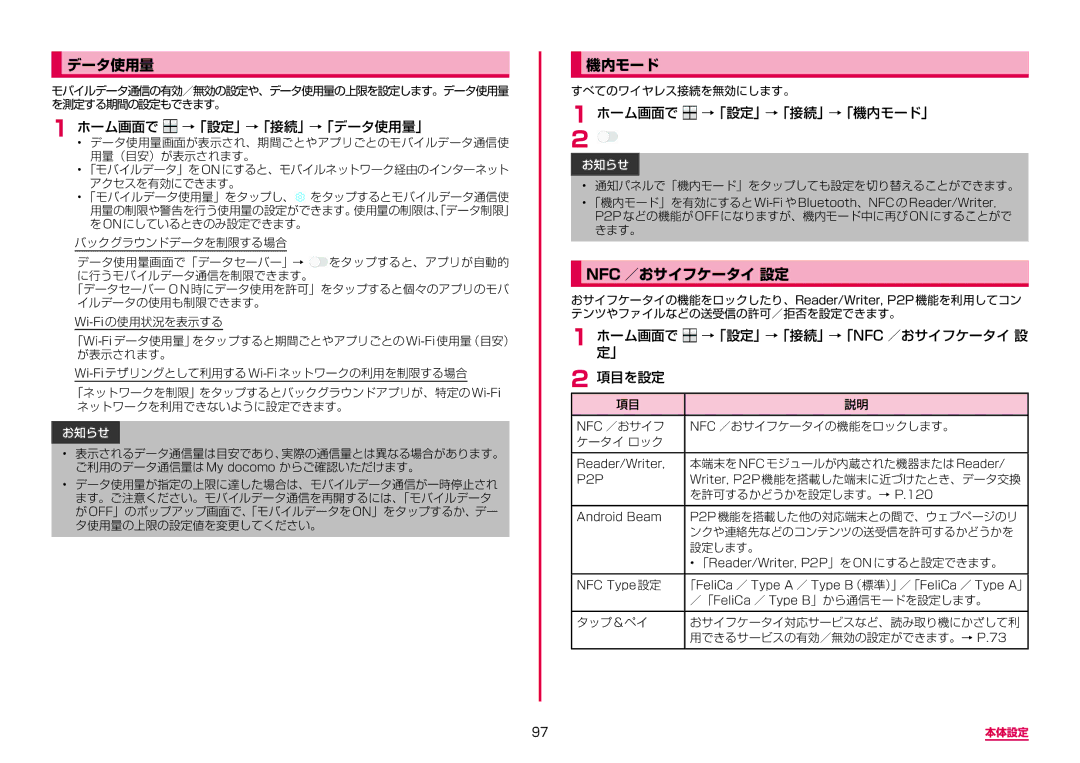 Samsung SM-A310DZWADCM, SM-A310DZKADCM, SM-A310DZGADCM, SM-A310DZIADCM manual データ使用量, 機内モード, Nfc ／おサイフケータイ 設定 