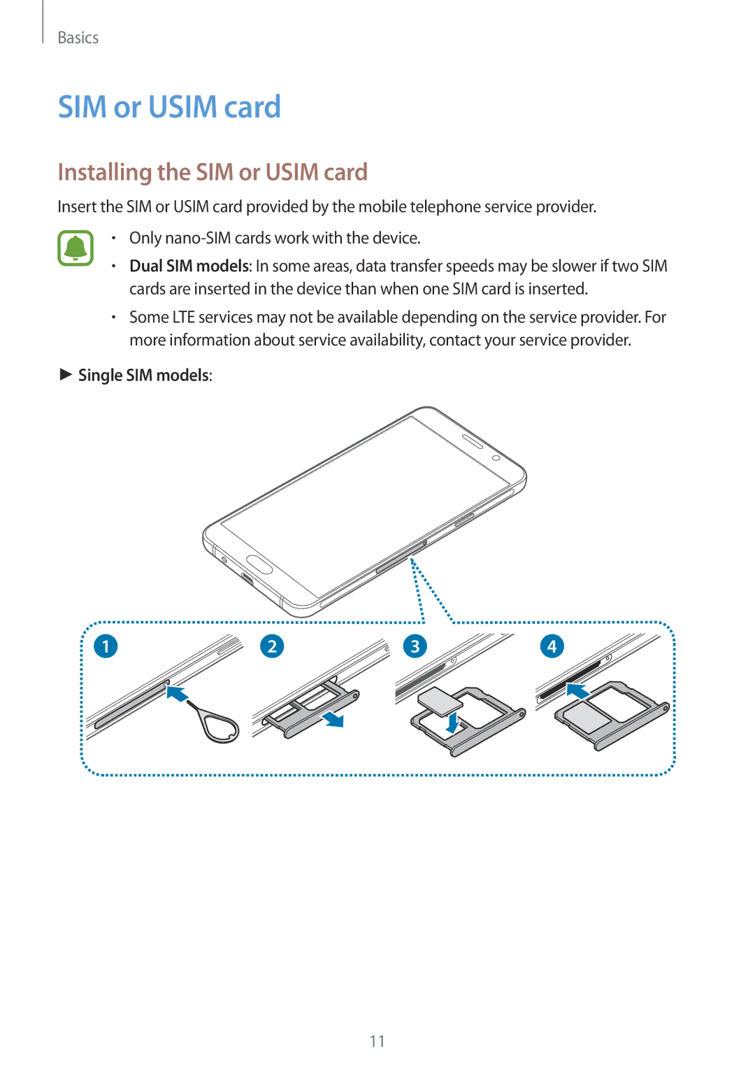 Samsung SM-A310FZWAPHE, SM-A310FEDADBT, SM-A310FZKADBT manual Installing the SIM or Usim card, Single SIM models 