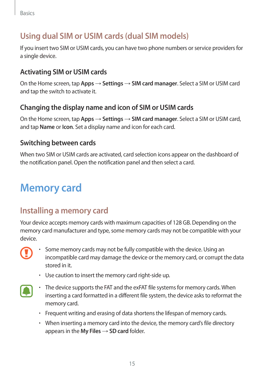 Samsung SM-A310FZWAKSA, SM-A310FEDADBT Memory card, Using dual SIM or Usim cards dual SIM models, Installing a memory card 