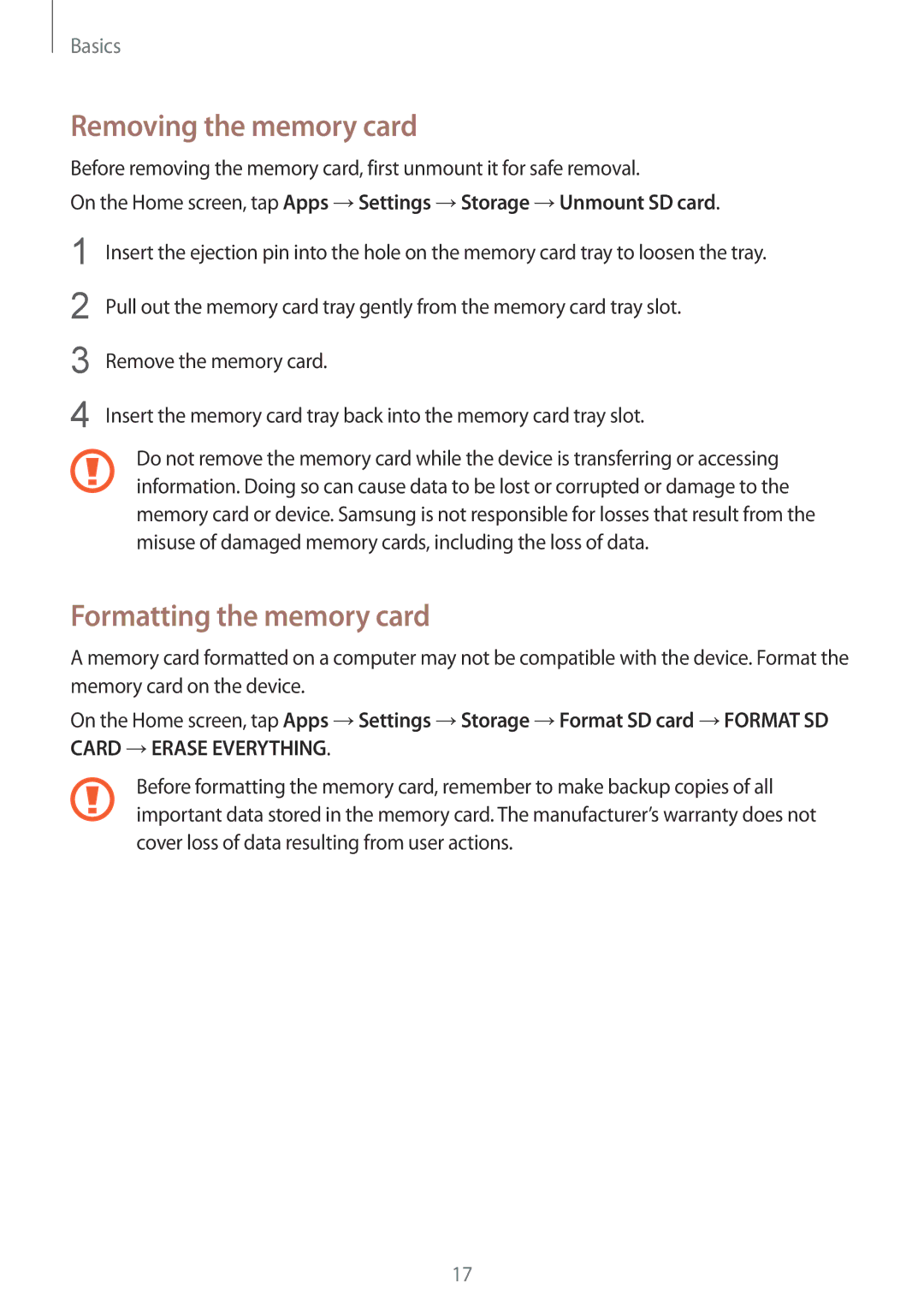 Samsung SM-A310FZDDKSA, SM-A310FEDADBT, SM-A310FZKADBT, SM-A310FZDADBT Removing the memory card, Formatting the memory card 