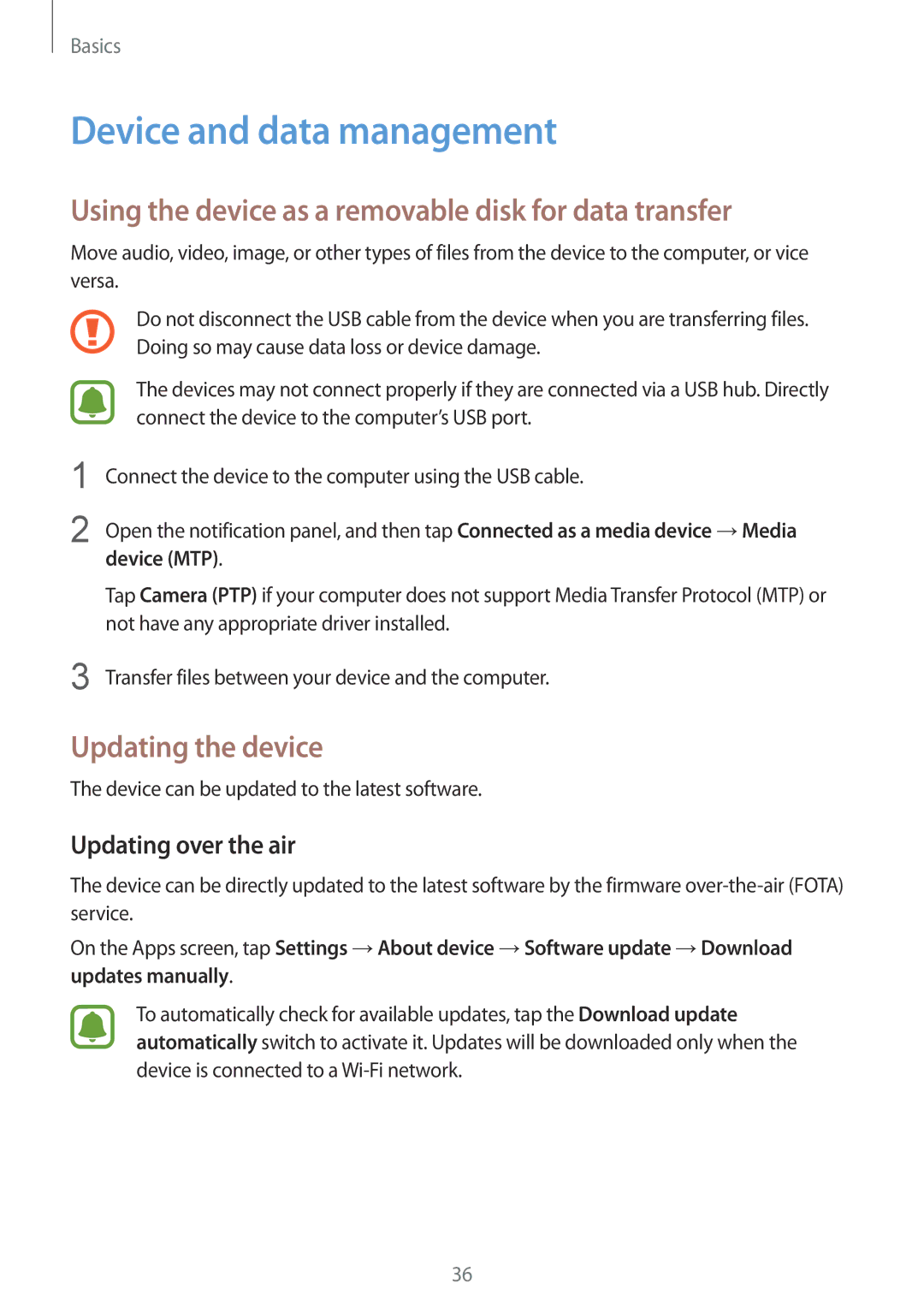 Samsung SM-A310FEDADBT Device and data management, Using the device as a removable disk for data transfer, Device MTP 