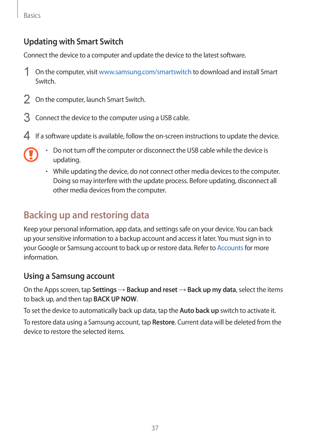 Samsung SM-A310FZKADBT, SM-A310FEDADBT Backing up and restoring data, Updating with Smart Switch, Using a Samsung account 