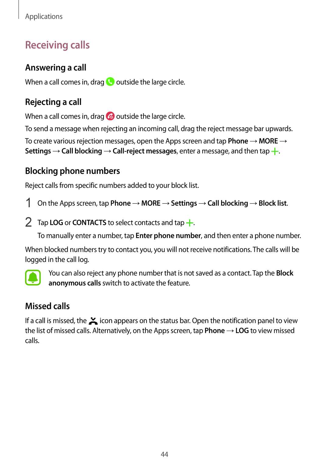 Samsung SM-A310FZWAITV manual Receiving calls, Answering a call, Rejecting a call, Blocking phone numbers, Missed calls 