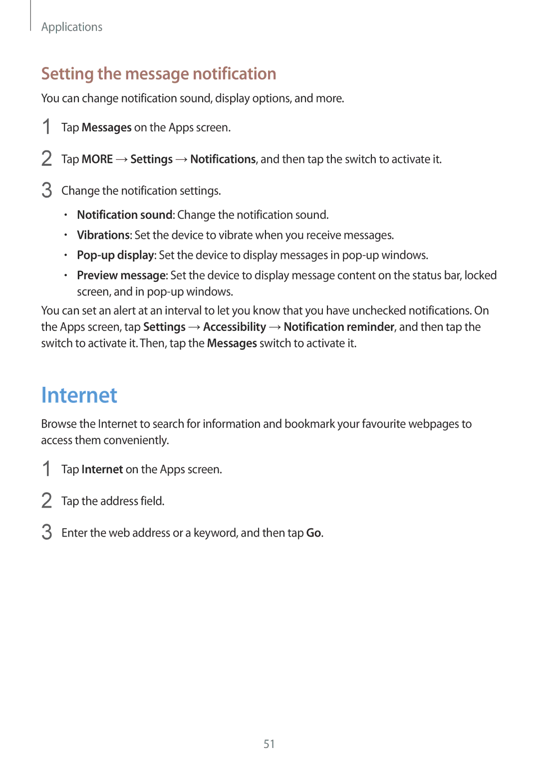 Samsung SM-A310FZWAKSA, SM-A310FEDADBT, SM-A310FZKADBT, SM-A310FZDADBT manual Internet, Setting the message notification 