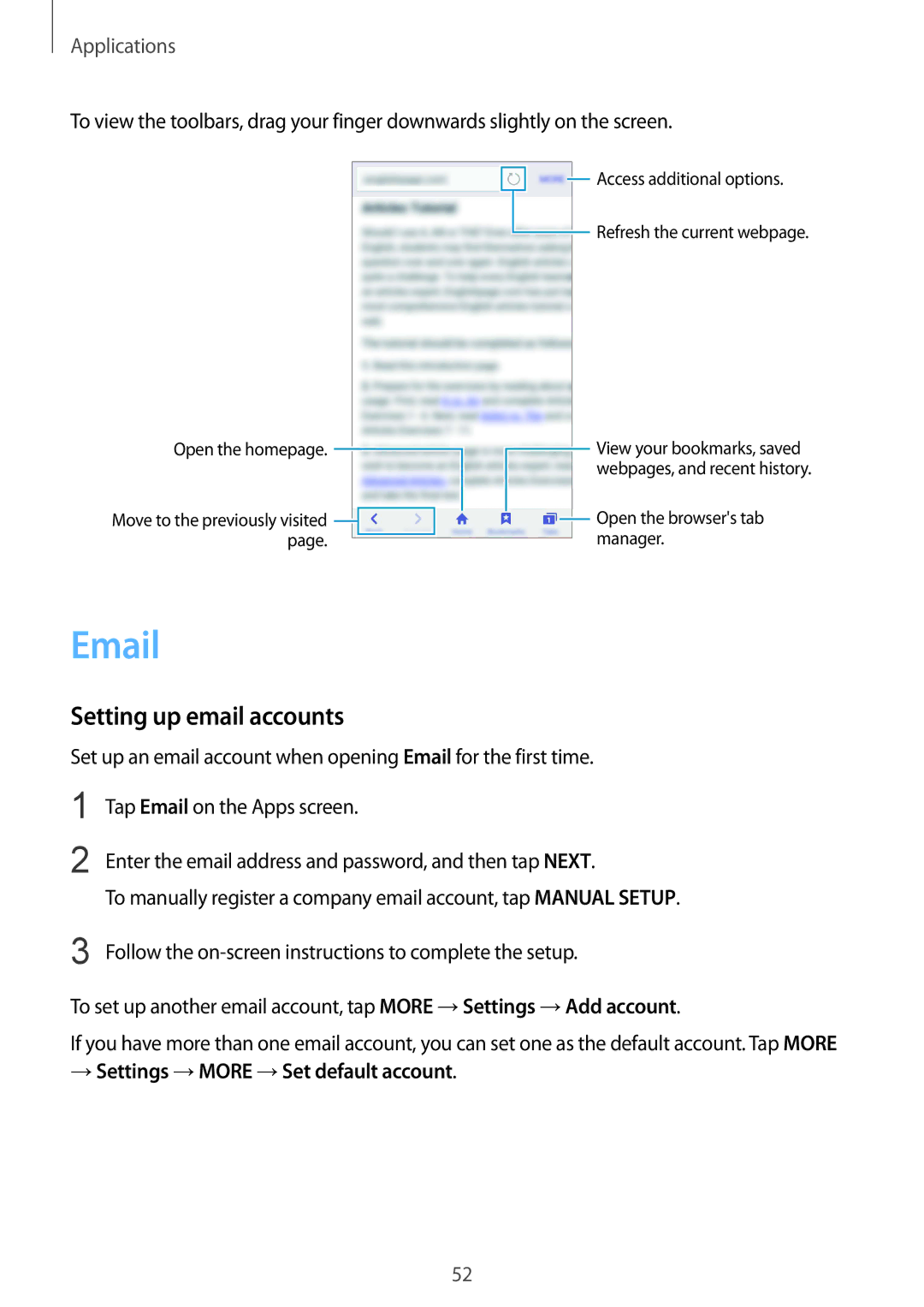 Samsung SM-A310FEDDKSA, SM-A310FEDADBT, SM-A310FZKADBT Setting up email accounts, → Settings →MORE →Set default account 