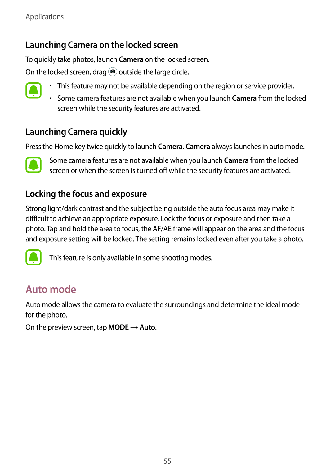 Samsung SM-A310FZDDXXV, SM-A310FEDADBT manual Auto mode, Launching Camera on the locked screen, Launching Camera quickly 