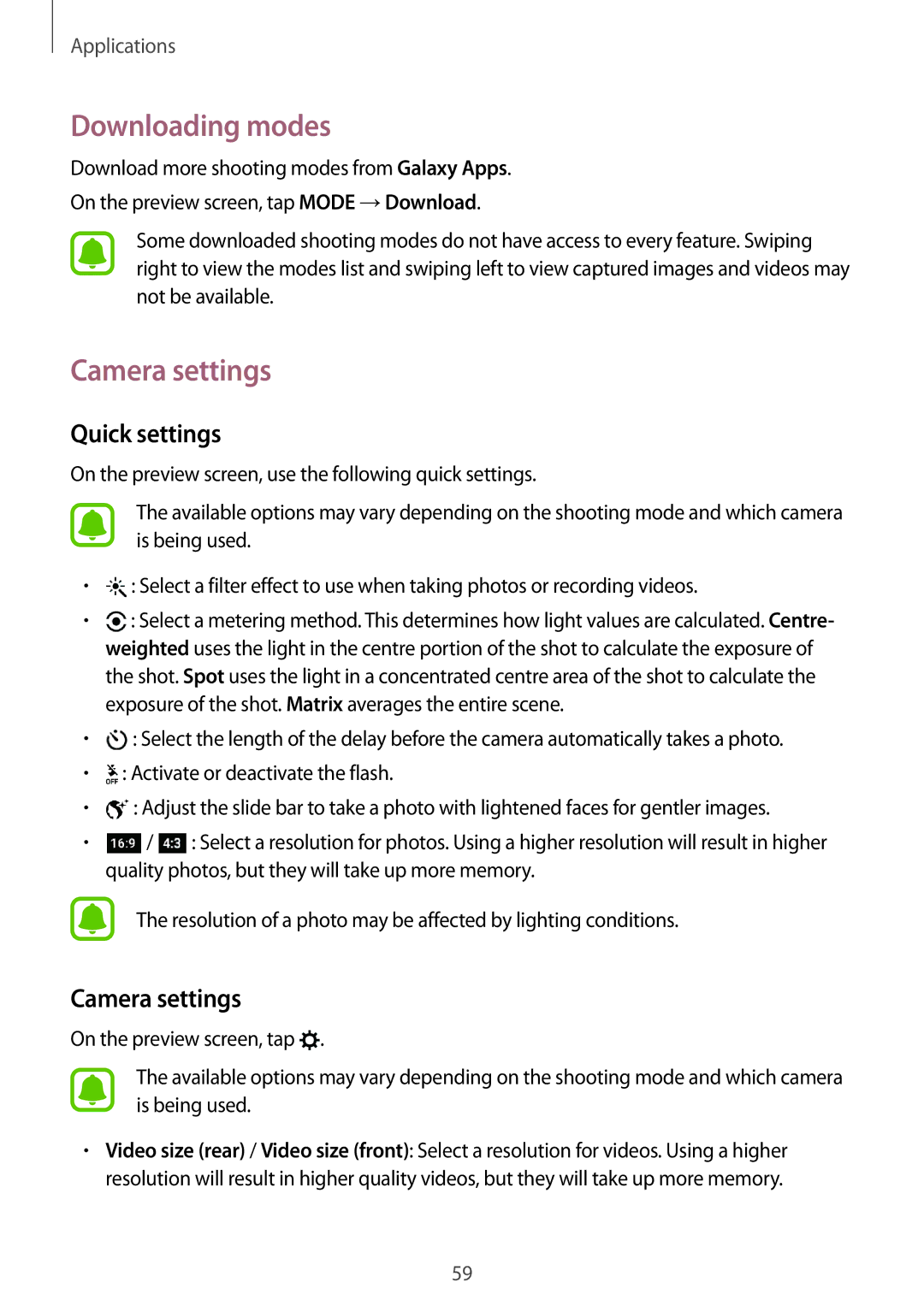 Samsung SM-A310FZKASEE, SM-A310FEDADBT, SM-A310FZKADBT, SM-A310FZDADBT Downloading modes, Camera settings, Quick settings 