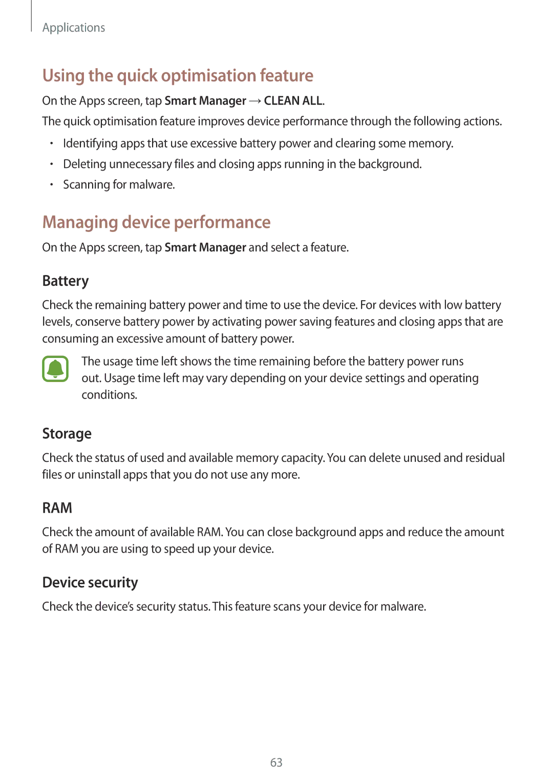 Samsung SM-A310FZDANEE, SM-A310FEDADBT Using the quick optimisation feature, Managing device performance, Battery, Storage 