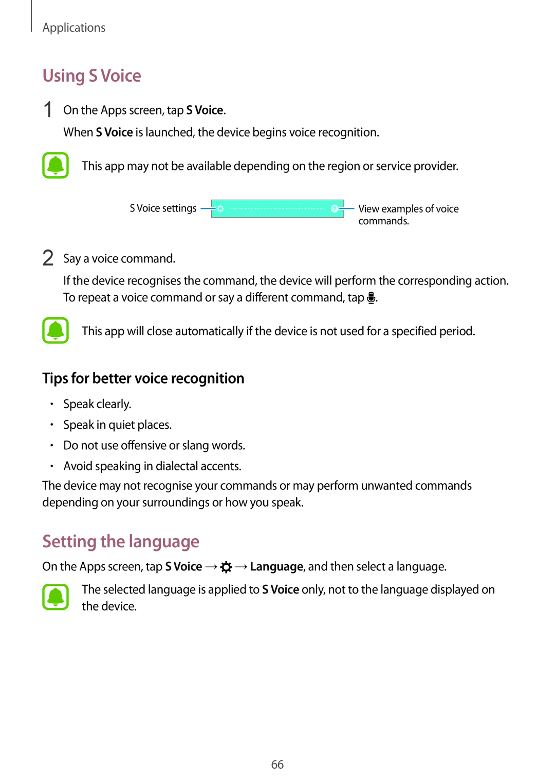 Samsung SM-A310FZWACOS, SM-A310FEDADBT manual Using S Voice, Setting the language, Tips for better voice recognition 