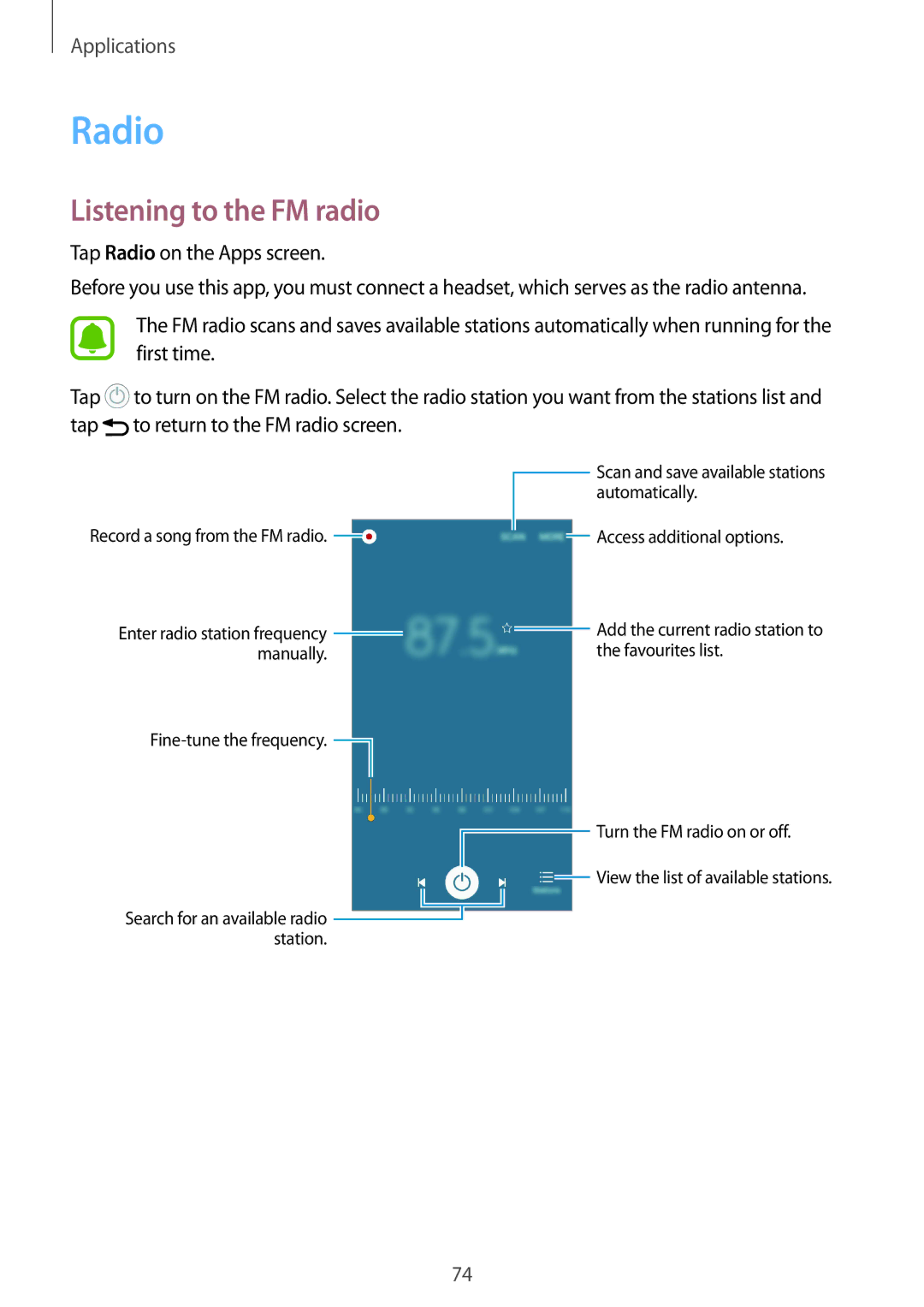 Samsung SM-A310FZDADBT, SM-A310FEDADBT, SM-A310FZKADBT, SM-A310FZWADBT, SM-A310FZWAXEF manual Radio, Listening to the FM radio 