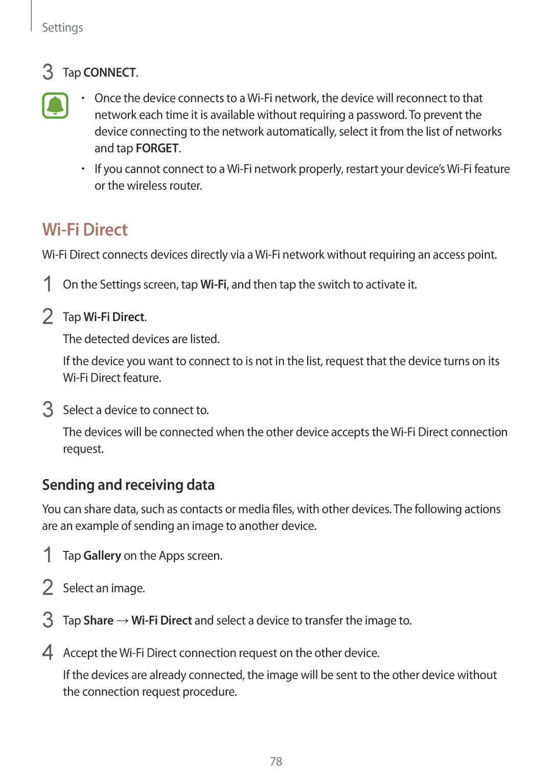Samsung SM-A310FEDAXEF, SM-A310FEDADBT, SM-A310FZKADBT manual Sending and receiving data, Tap Connect, Tap Wi-Fi Direct 