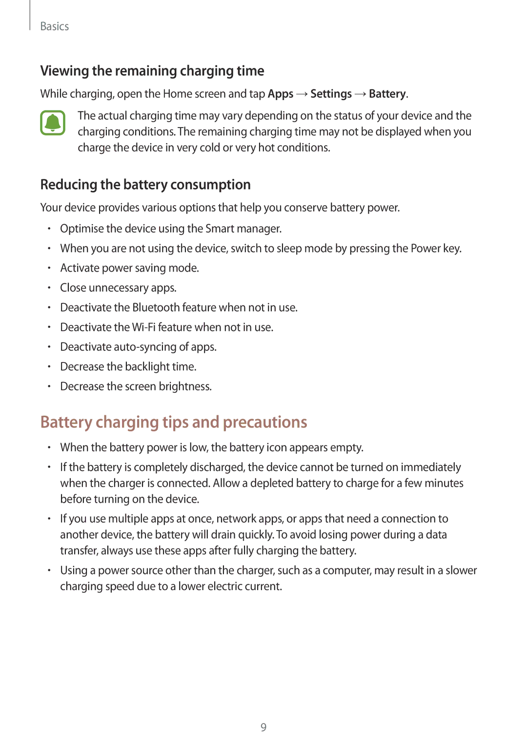 Samsung SM-A310FZKAITV, SM-A310FEDADBT manual Battery charging tips and precautions, Viewing the remaining charging time 