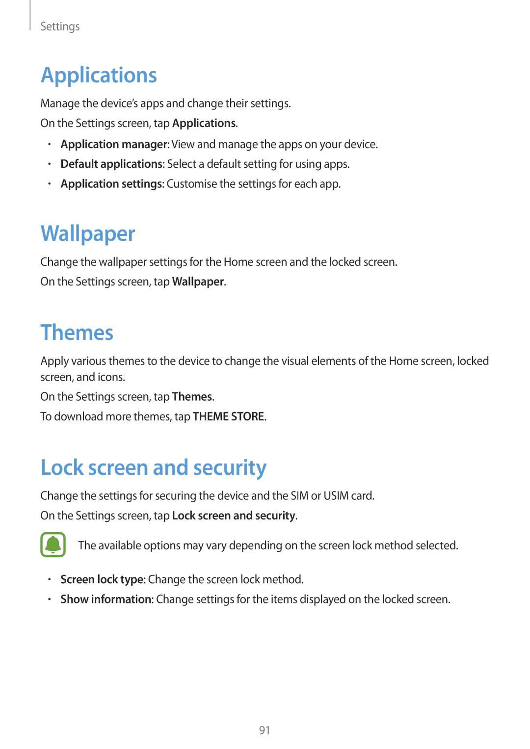 Samsung SM-A310FZDDXXV, SM-A310FEDADBT, SM-A310FZKADBT manual Applications, Wallpaper, Themes, Lock screen and security 