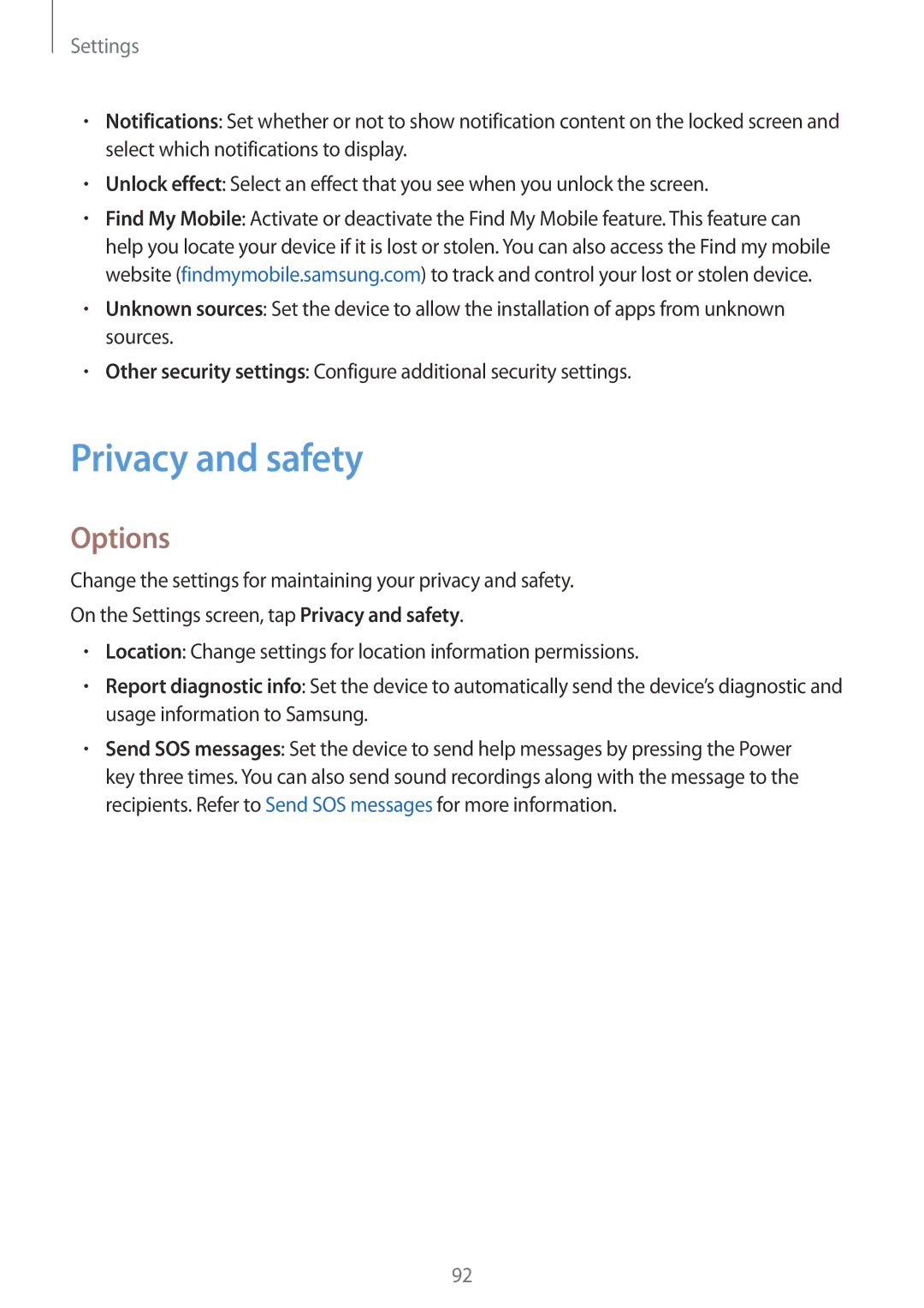 Samsung SM-A310FEDDXXV, SM-A310FEDADBT, SM-A310FZKADBT, SM-A310FZDADBT, SM-A310FZWADBT manual Privacy and safety, Options 