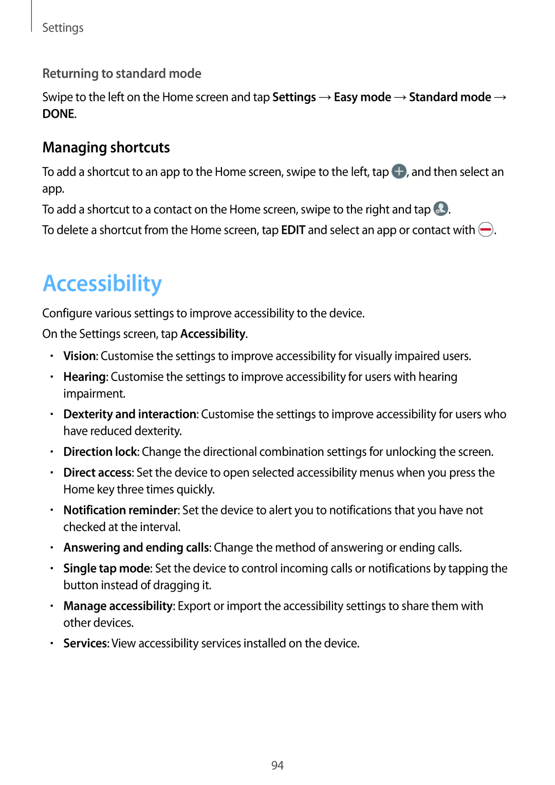 Samsung SM-A310FZDABGL, SM-A310FEDADBT, SM-A310FZKADBT, SM-A310FZDADBT, SM-A310FZWADBT manual Accessibility, Managing shortcuts 