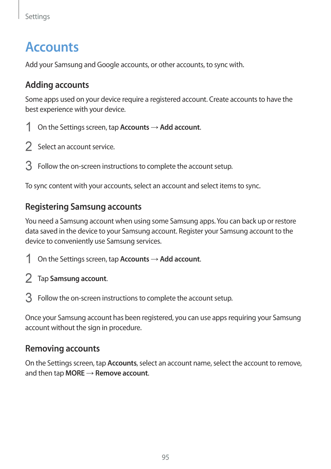 Samsung SM-A310FZKASEE Accounts, Adding accounts, Registering Samsung accounts, Removing accounts, Tap Samsung account 