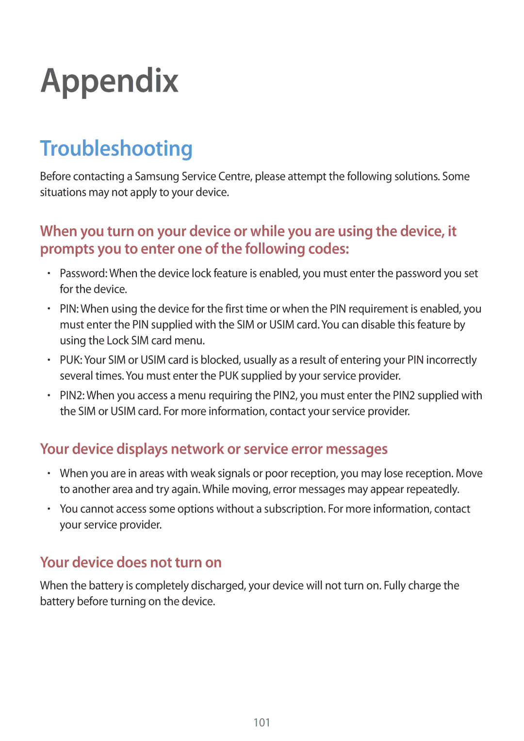 Samsung SM-A310FZDASEB, SM-A310FEDADBT, SM-A310FZKADBT, SM-A310FZDADBT, SM-A310FZWADBT manual Appendix, Troubleshooting 