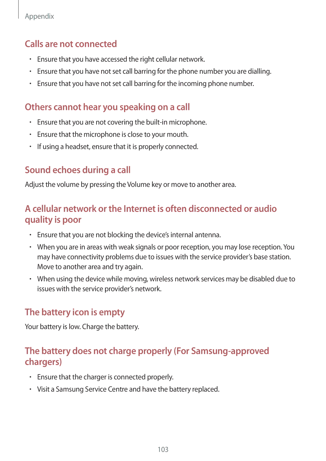 Samsung SM-A310FZDAEUR, SM-A310FEDADBT, SM-A310FZKADBT, SM-A310FZDADBT, SM-A310FZWADBT manual Sound echoes during a call 