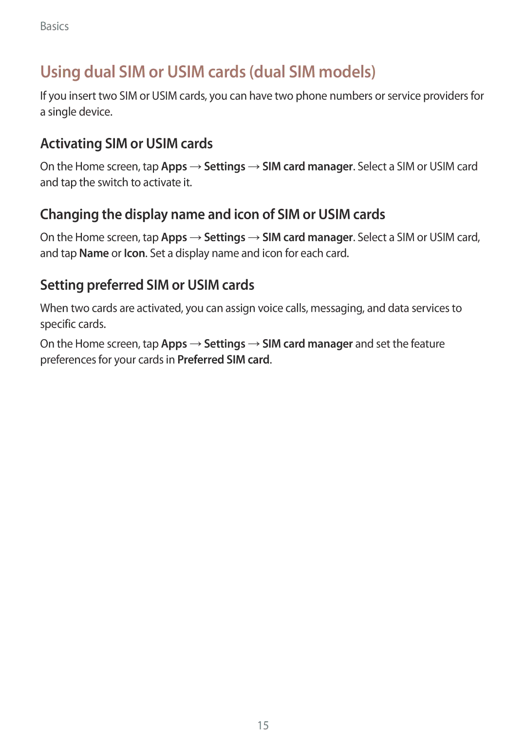 Samsung SM-A310FZWAKSA, SM-A310FEDADBT manual Using dual SIM or Usim cards dual SIM models, Activating SIM or Usim cards 