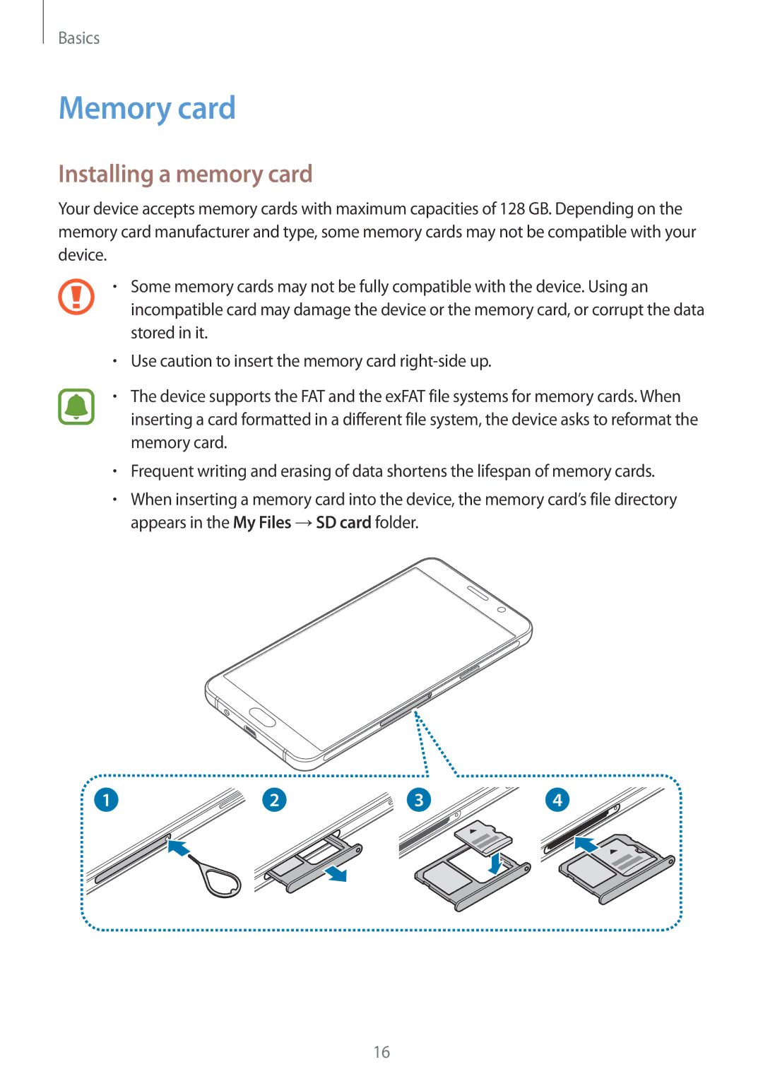 Samsung SM-A310FEDDKSA, SM-A310FEDADBT, SM-A310FZKADBT, SM-A310FZDADBT, SM-A310FZWADBT Memory card, Installing a memory card 