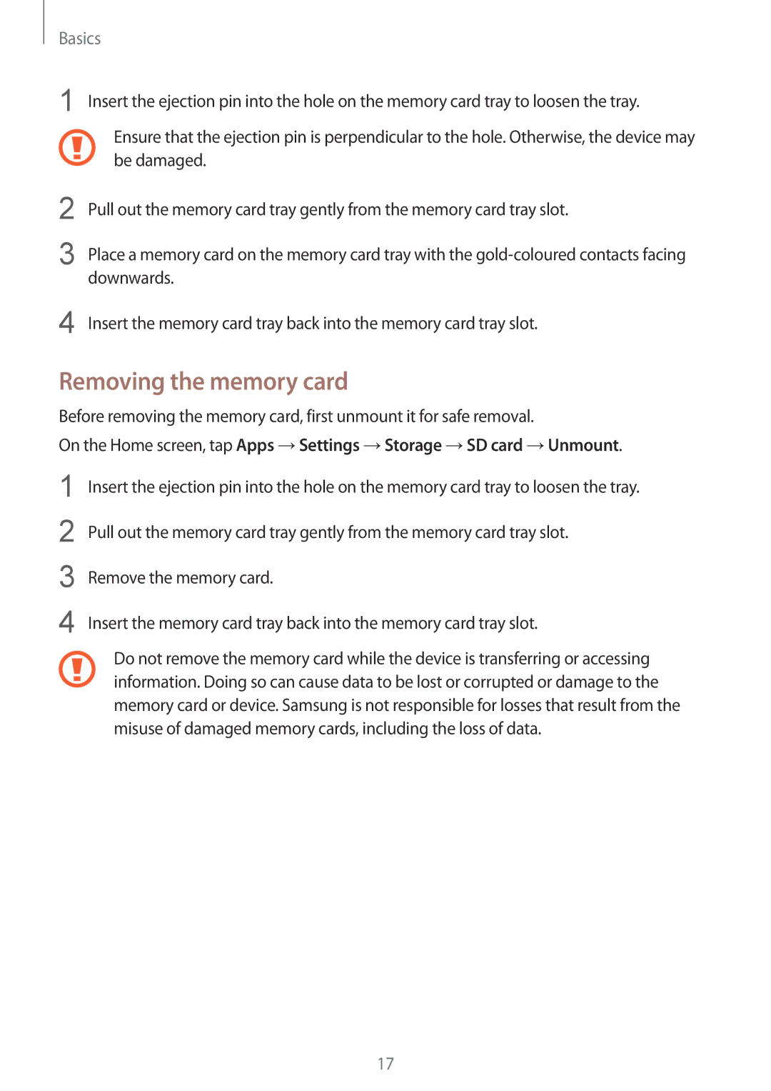 Samsung SM-A310FZDDKSA, SM-A310FEDADBT, SM-A310FZKADBT, SM-A310FZDADBT, SM-A310FZWADBT manual Removing the memory card 