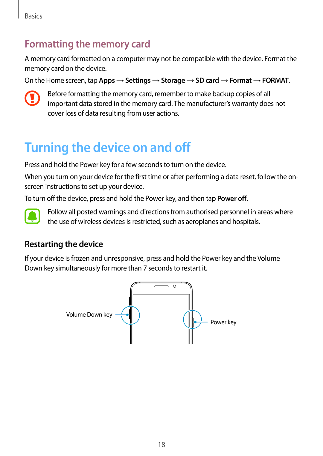Samsung SM-A310FZKDKSA, SM-A310FEDADBT Turning the device on and off, Formatting the memory card, Restarting the device 