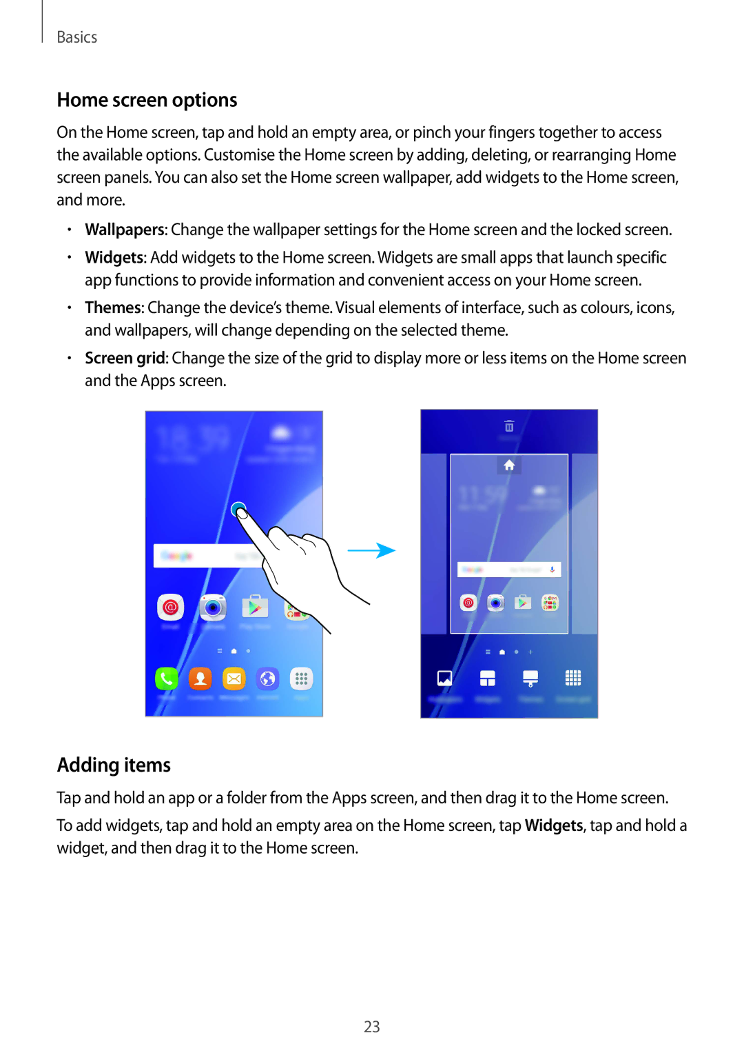 Samsung SM-A310FZKASEE, SM-A310FEDADBT, SM-A310FZKADBT, SM-A310FZDADBT, SM-A310FZWADBT manual Home screen options, Adding items 