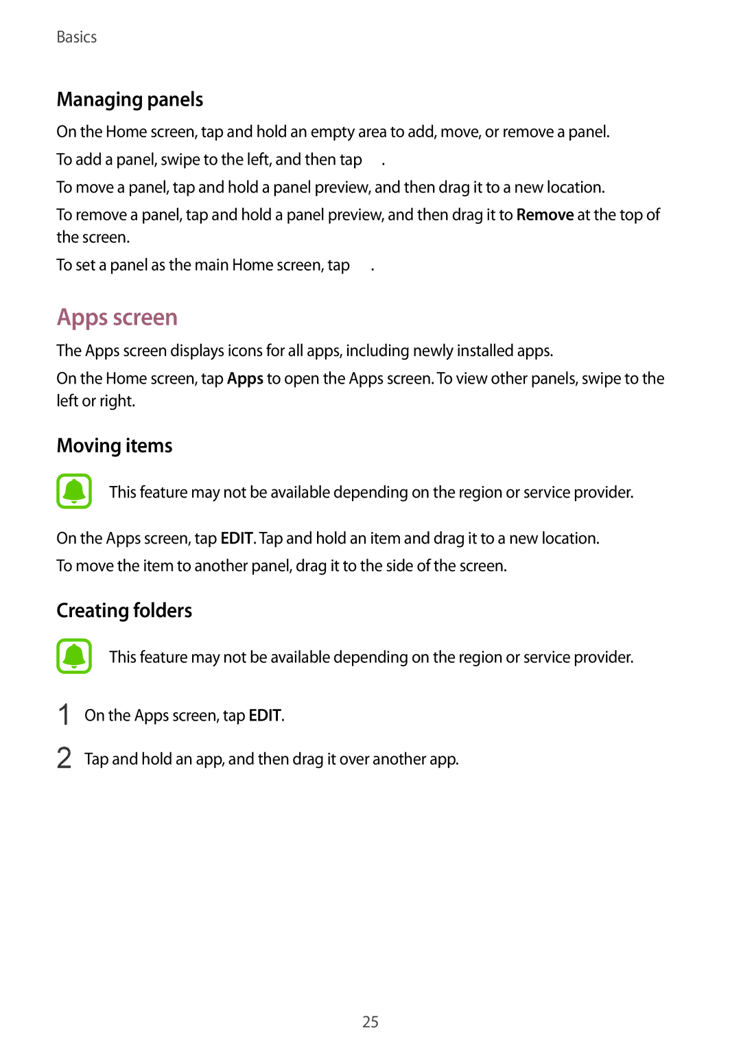 Samsung SM-A310FZKANEE, SM-A310FEDADBT, SM-A310FZKADBT, SM-A310FZDADBT manual Apps screen, Managing panels, Moving items 
