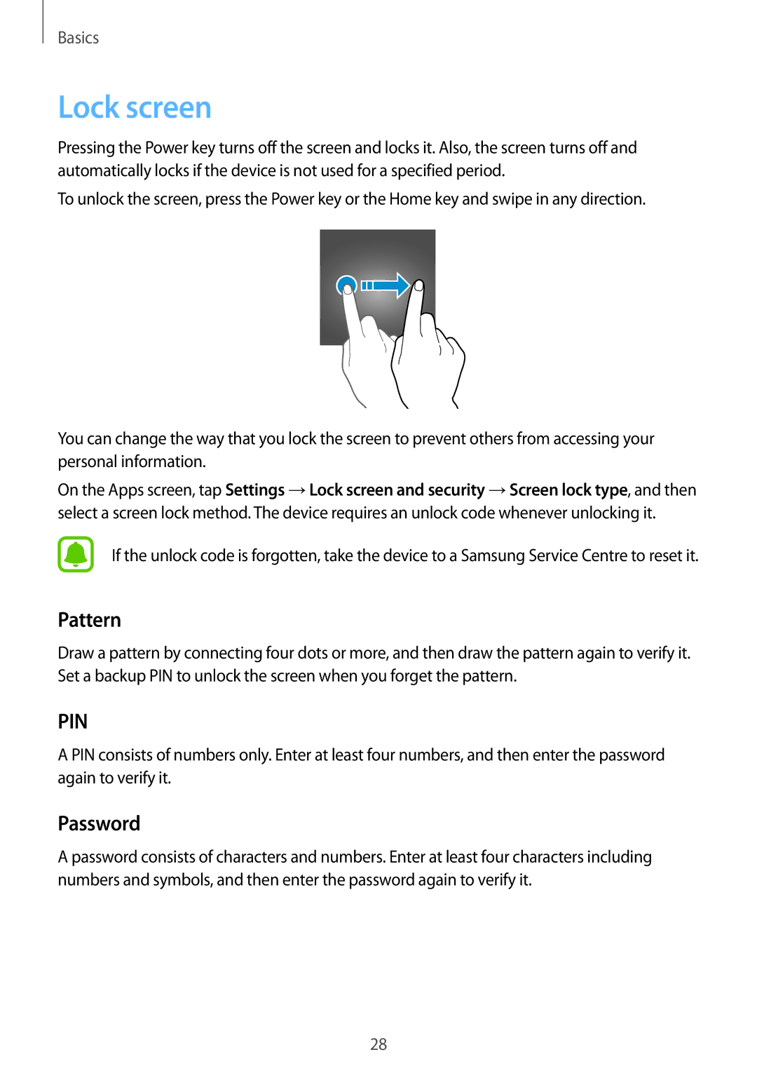 Samsung SM-A310FZKASEB, SM-A310FEDADBT, SM-A310FZKADBT, SM-A310FZDADBT, SM-A310FZWADBT manual Lock screen, Pattern, Password 