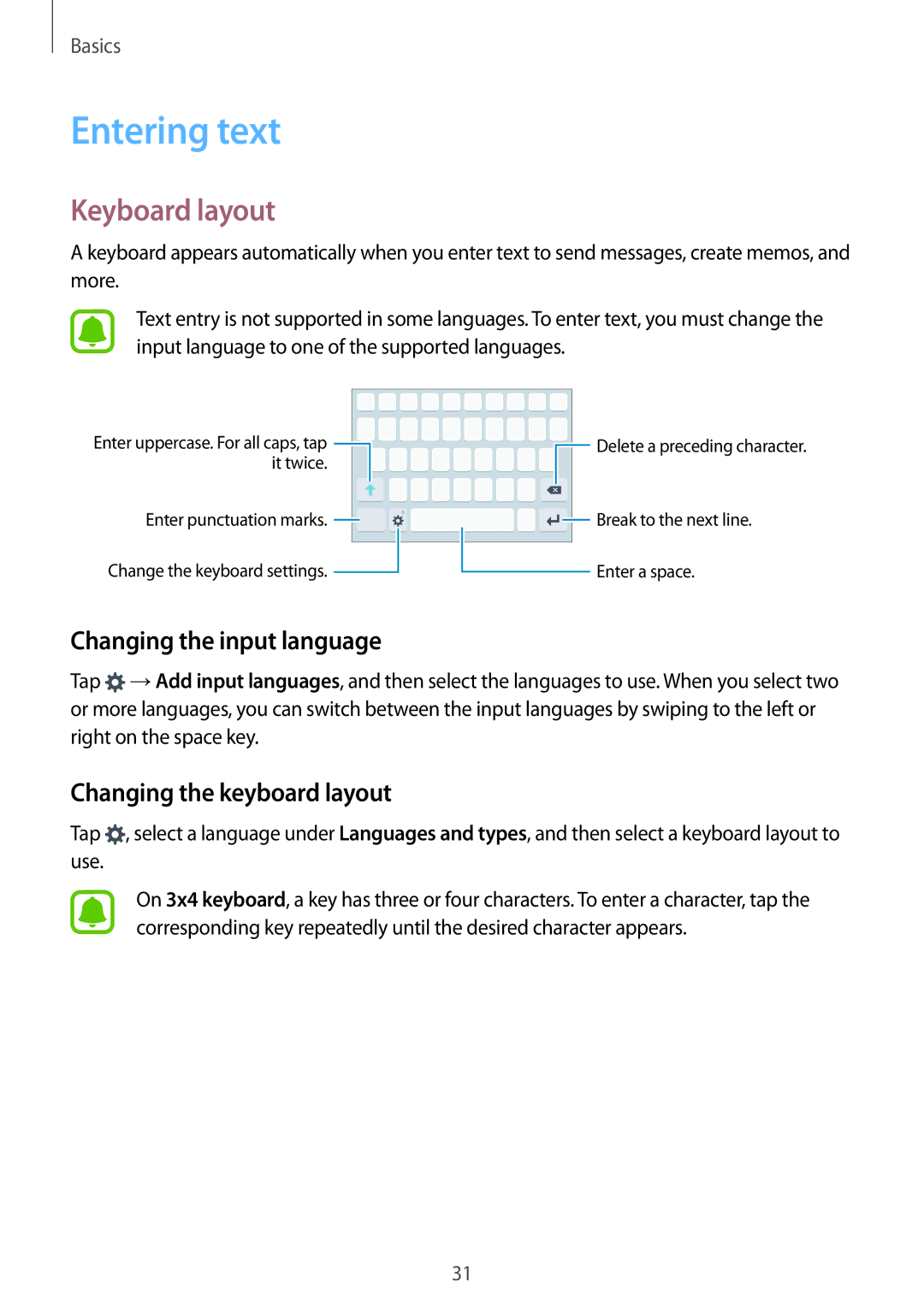 Samsung SM-A310FZDAEUR manual Entering text, Keyboard layout, Changing the input language, Changing the keyboard layout 