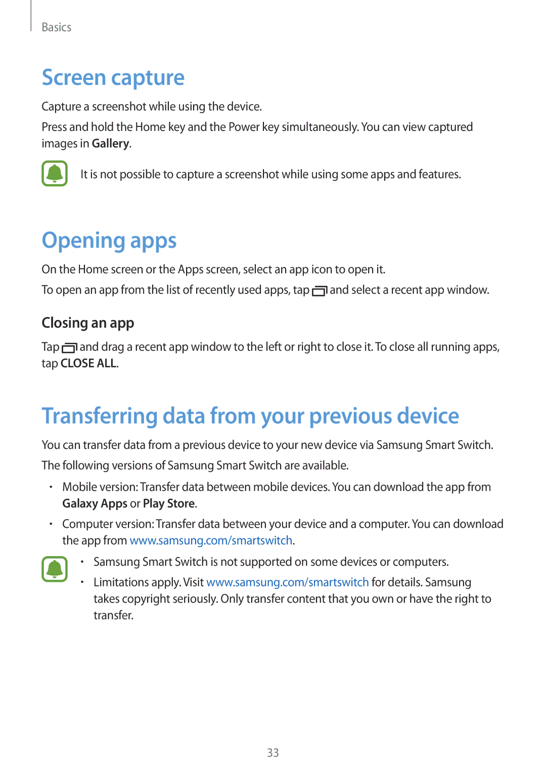 Samsung SM-A310FZKAXEH manual Screen capture, Opening apps, Transferring data from your previous device, Closing an app 
