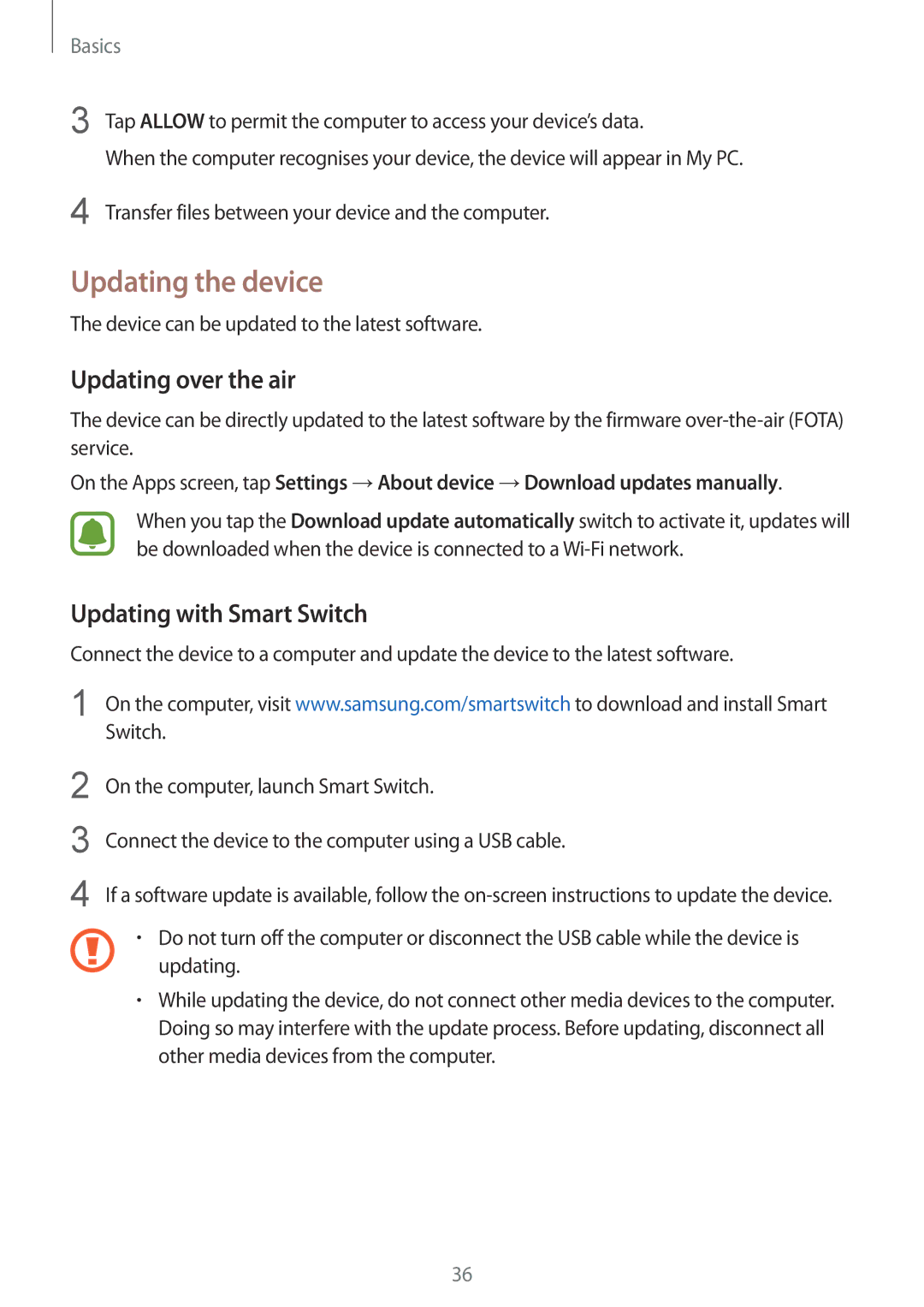 Samsung SM-A310FEDADBT, SM-A310FZKADBT manual Updating the device, Updating over the air, Updating with Smart Switch 