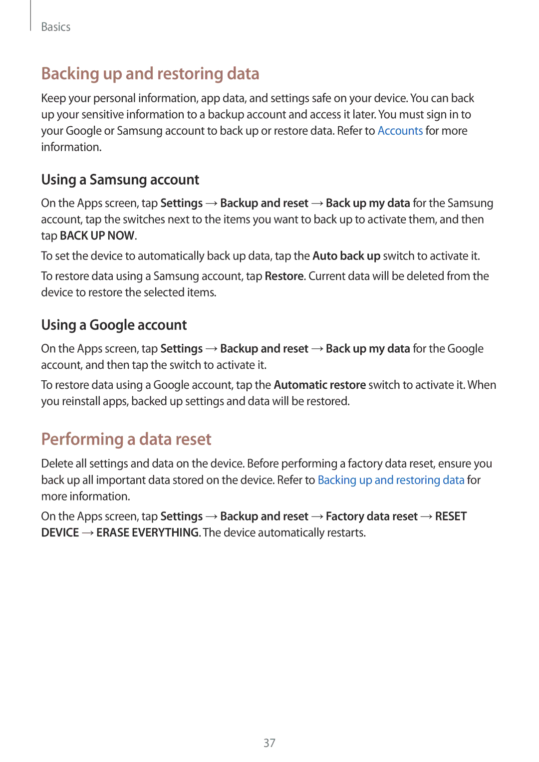 Samsung SM-A310FZKADBT, SM-A310FEDADBT Backing up and restoring data, Performing a data reset, Using a Samsung account 