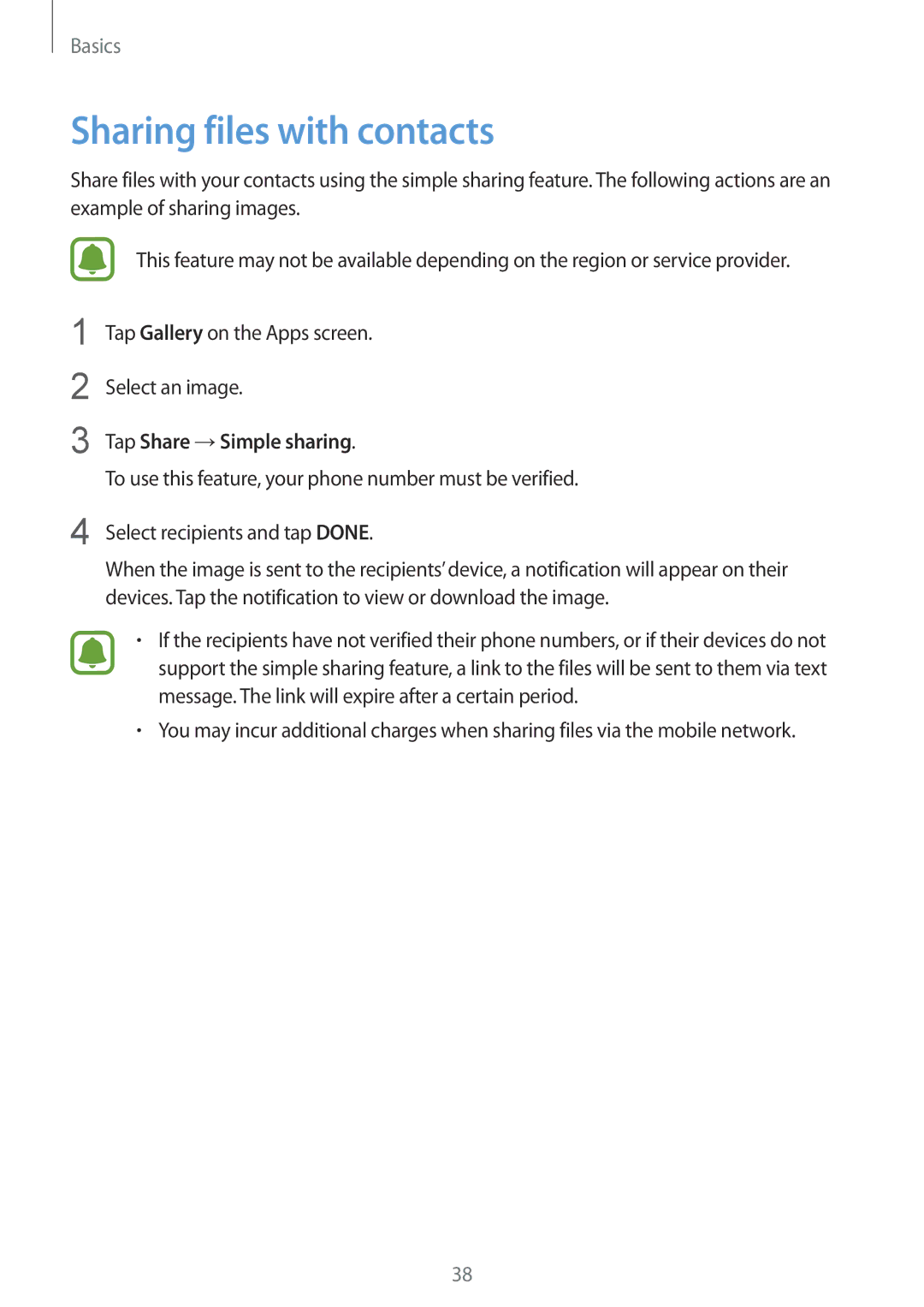 Samsung SM-A310FZDADBT, SM-A310FEDADBT, SM-A310FZKADBT manual Sharing files with contacts, Tap Share →Simple sharing 