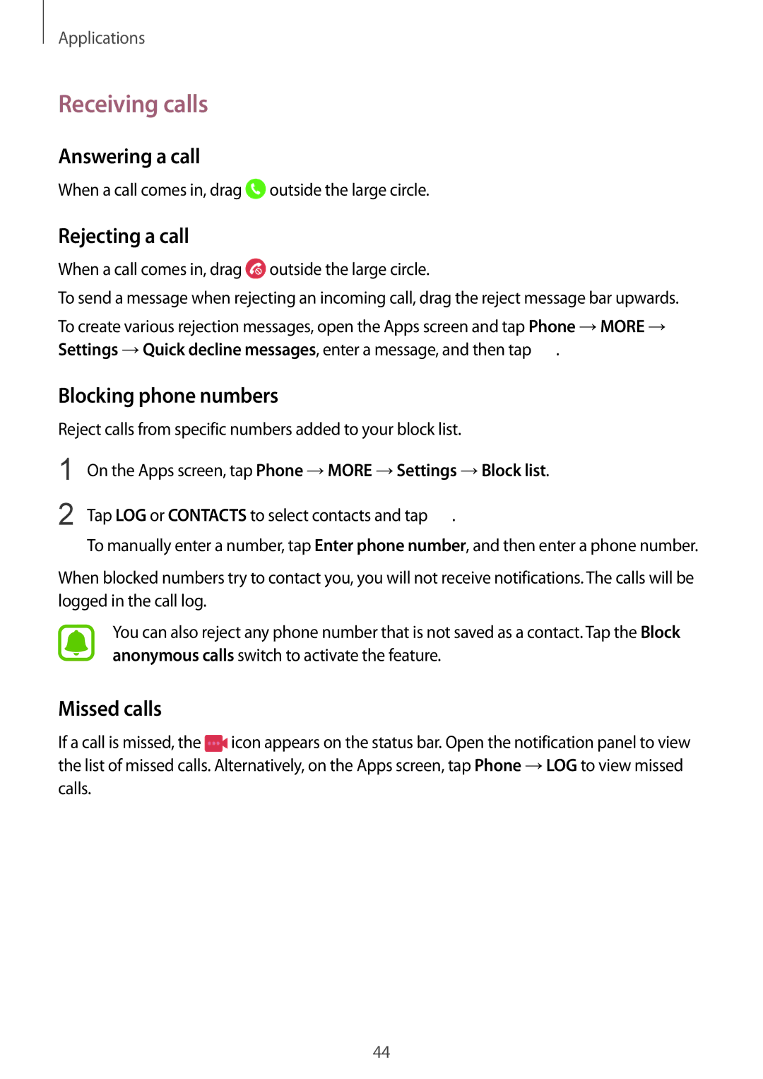 Samsung SM-A310FZWAITV manual Receiving calls, Answering a call, Rejecting a call, Blocking phone numbers, Missed calls 