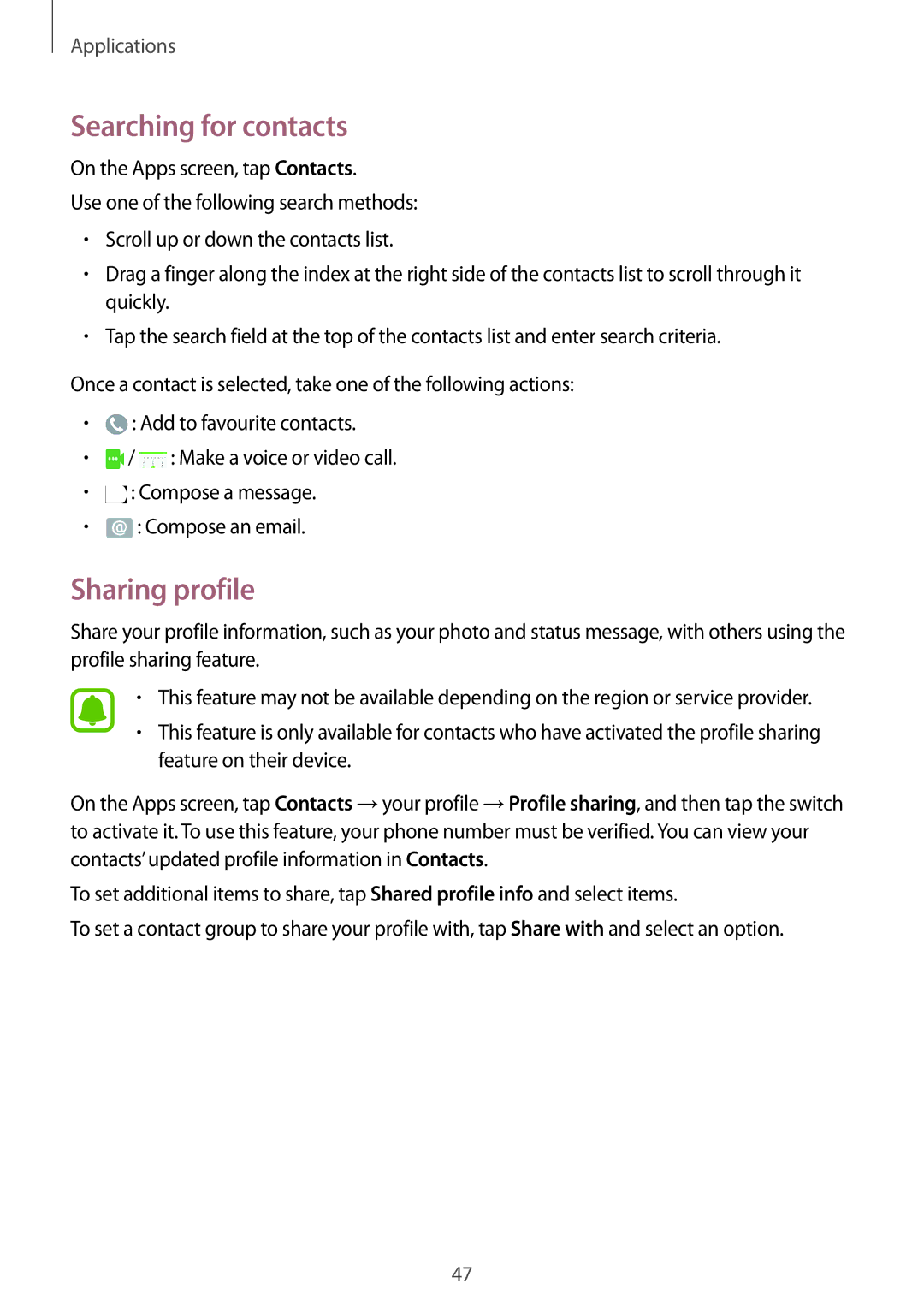 Samsung SM-A310FZWAPHE, SM-A310FEDADBT, SM-A310FZKADBT, SM-A310FZDADBT manual Searching for contacts, Sharing profile 