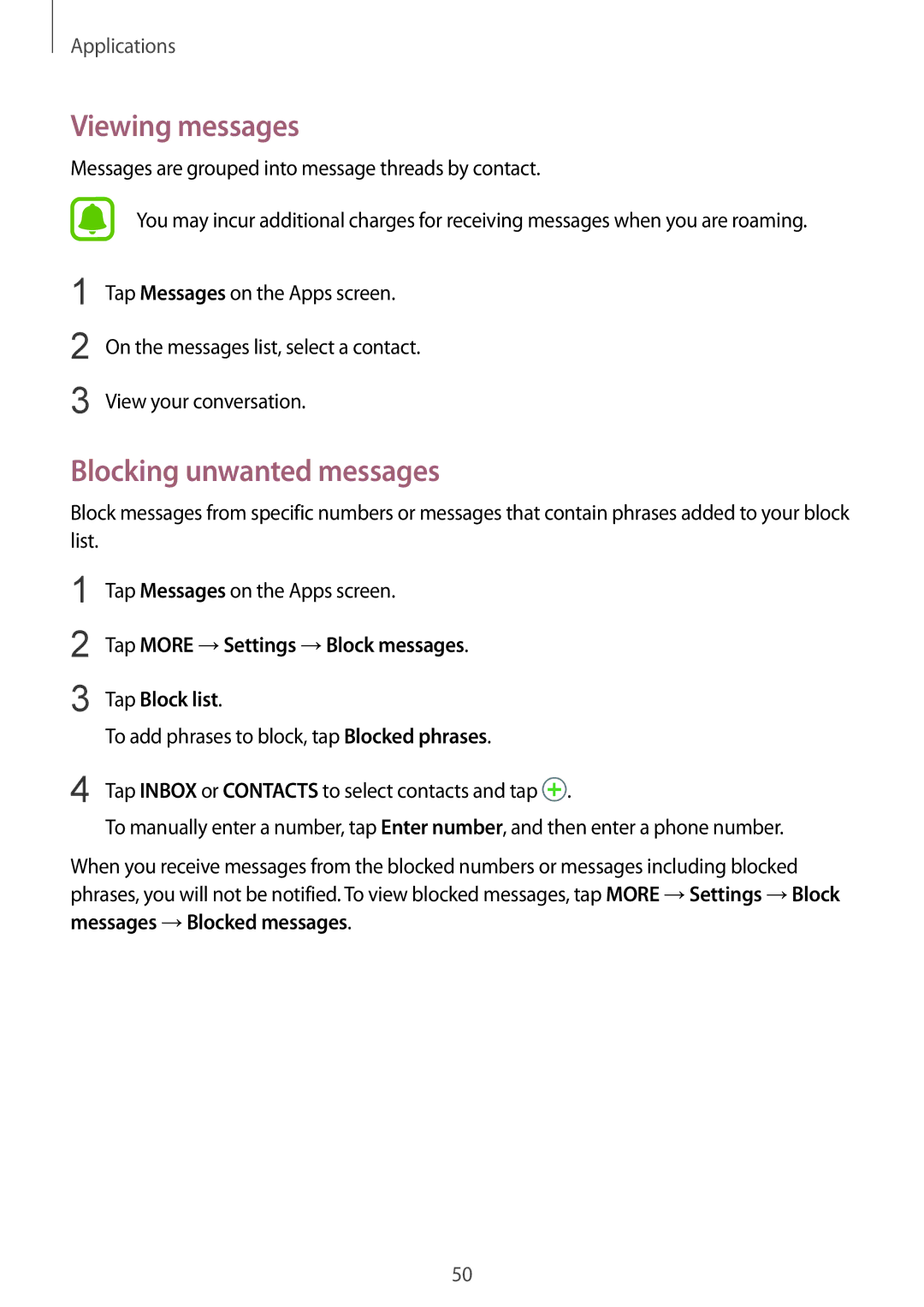 Samsung SM-A310FZKAPHE Viewing messages, Blocking unwanted messages, Tap More →Settings →Block messages Tap Block list 