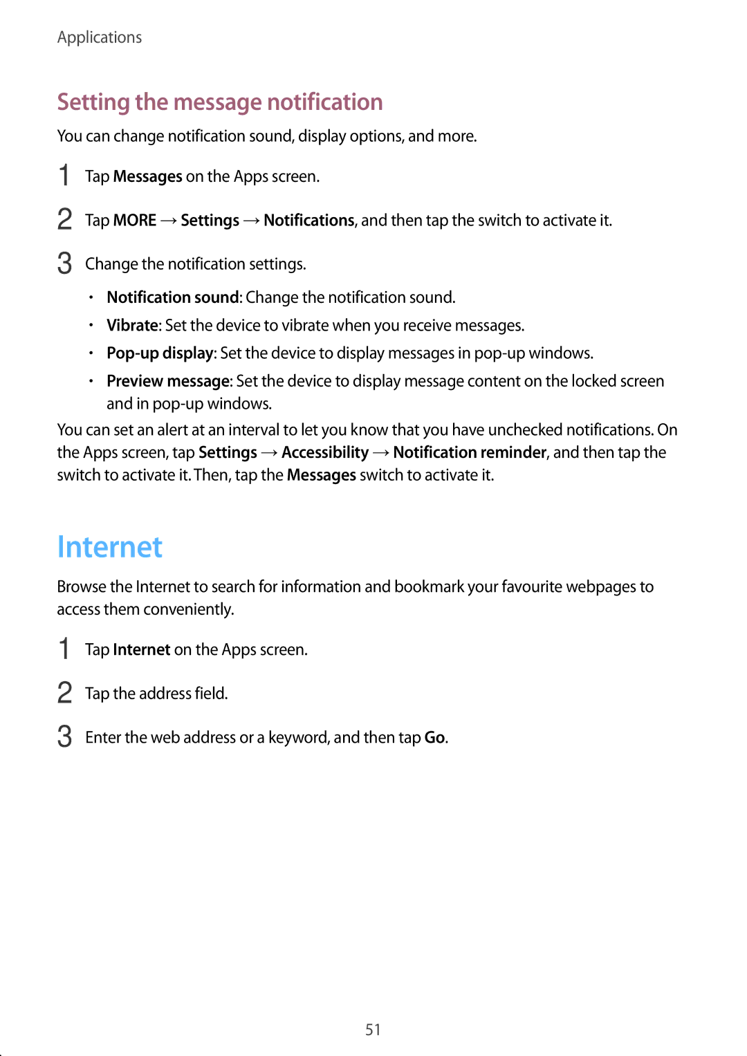 Samsung SM-A310FZWAKSA, SM-A310FEDADBT, SM-A310FZKADBT, SM-A310FZDADBT manual Internet, Setting the message notification 